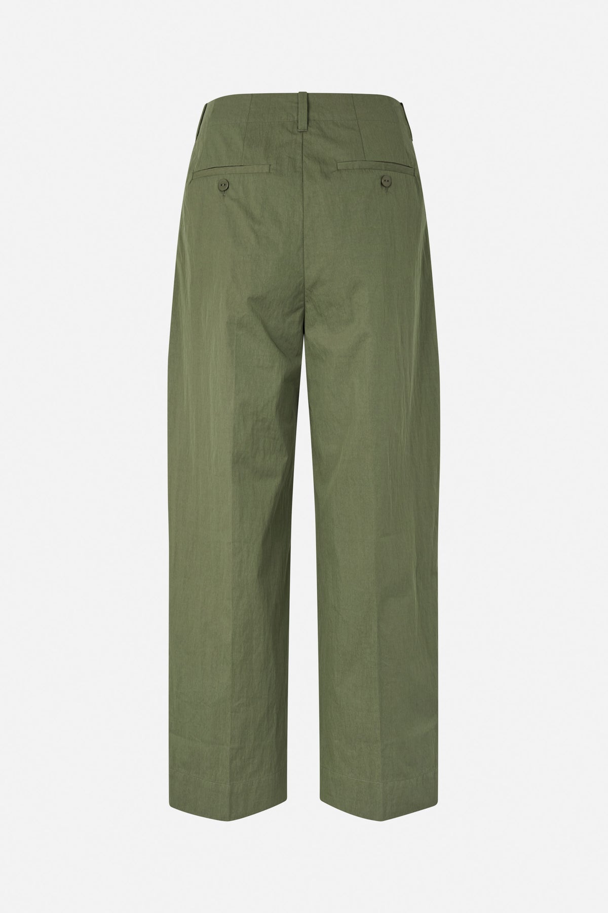 Back view of olive green wide-leg trousers with two buttoned welt pockets and a centre belt loop.