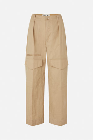 Front view of sand-beige wide-leg trousers with a button waist and oversized flap cargo pockets.