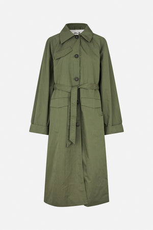 Front view of an olive green trench coat with a pointed collar, button fastening, belted waist and flap pockets.