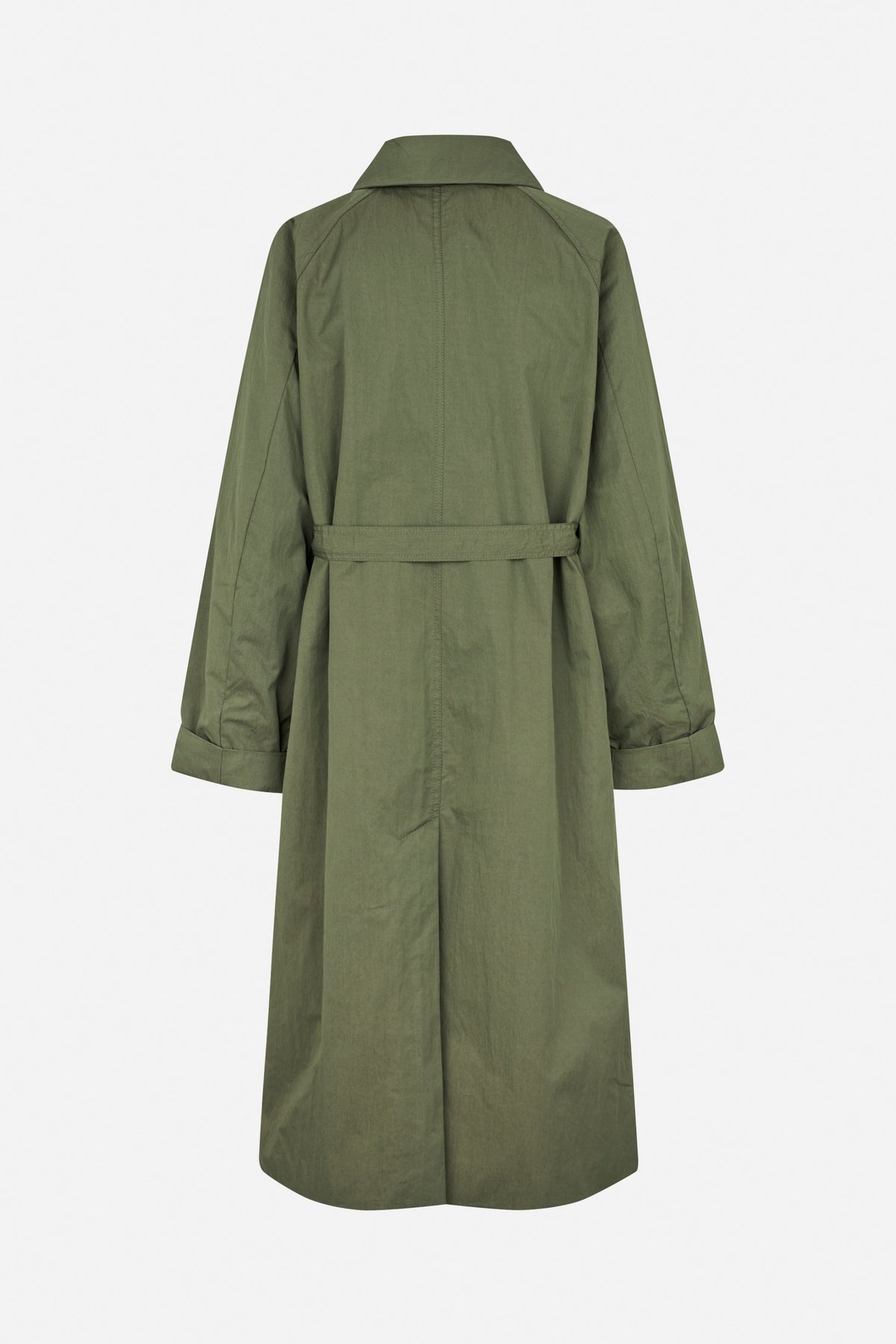 Back view of a long olive-green coat with a wide collar, raglan sleeves, center seam and waist belt.