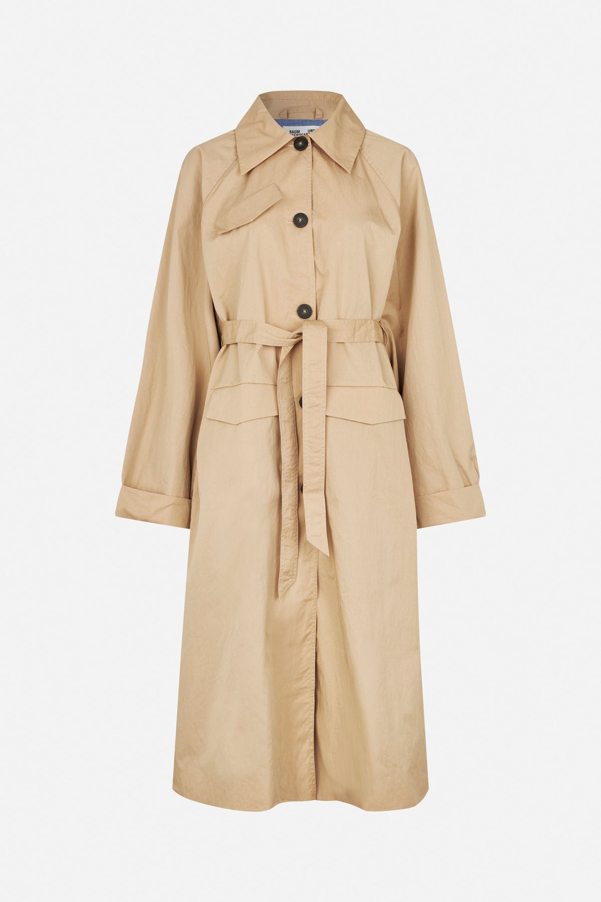 Front view of a long tan trench coat with dark buttons, a pointed collar, belted waist and flap pockets.