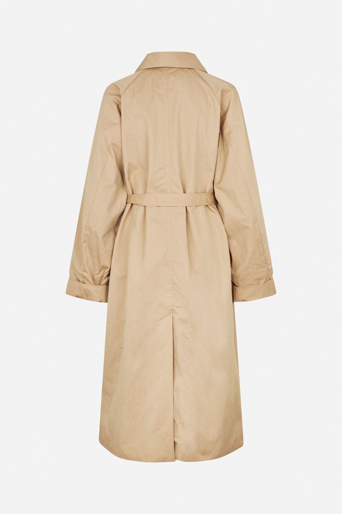 Back view of a beige trench coat with a waist belt, raglan sleeves, wide cuffs and a centre-back vent.