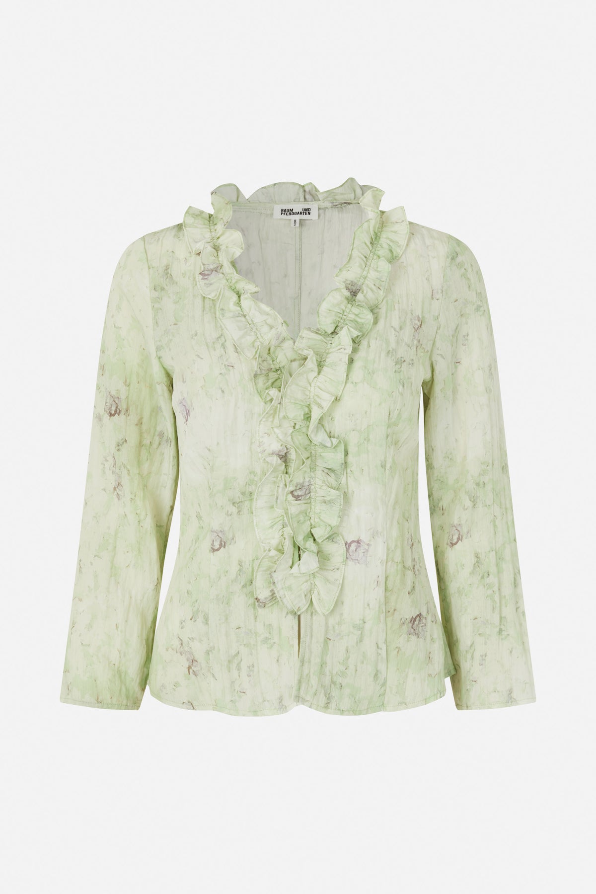 Front view of a long-sleeved blouse in a pale green abstract print, with a deep V-neck and cascading ruffle trim.