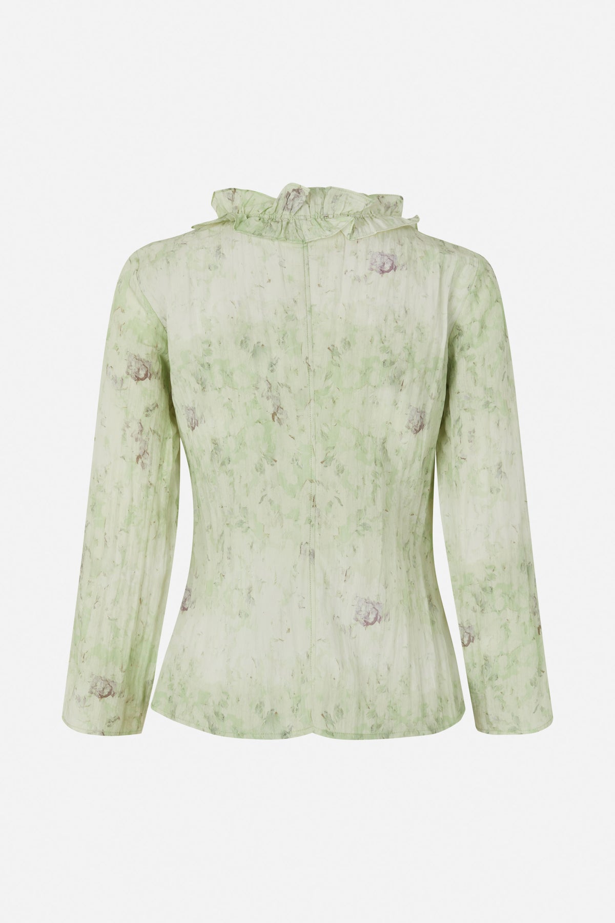 Achteraanzicht van een lichtgroene blouse met lange mouwen, een hoge kraag met ruches en een zachte bloemenprint