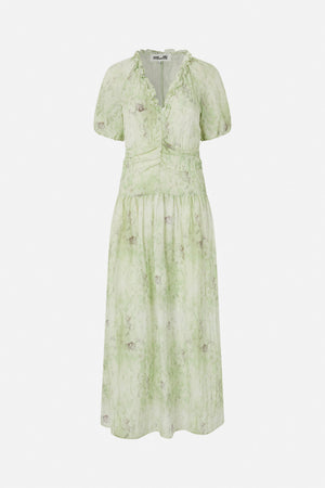 Front view of a pale green floral-print dress with puff sleeves, a ruffled V-neck, gathered waist and long tiered skirt
