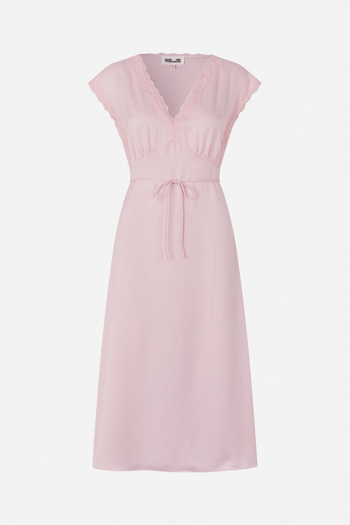 Front view of a pale pink V-neck dress with lace trim, short sleeves and a self-tie waist.