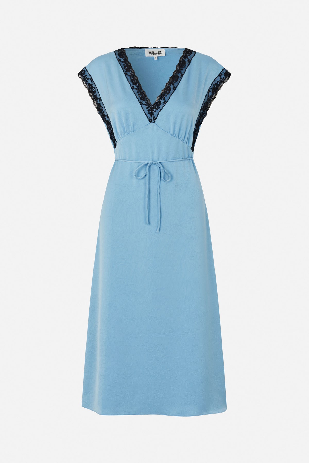 Front view of a light blue sleeveless V-neck midi dress with black lace trim and a matching waist tie.