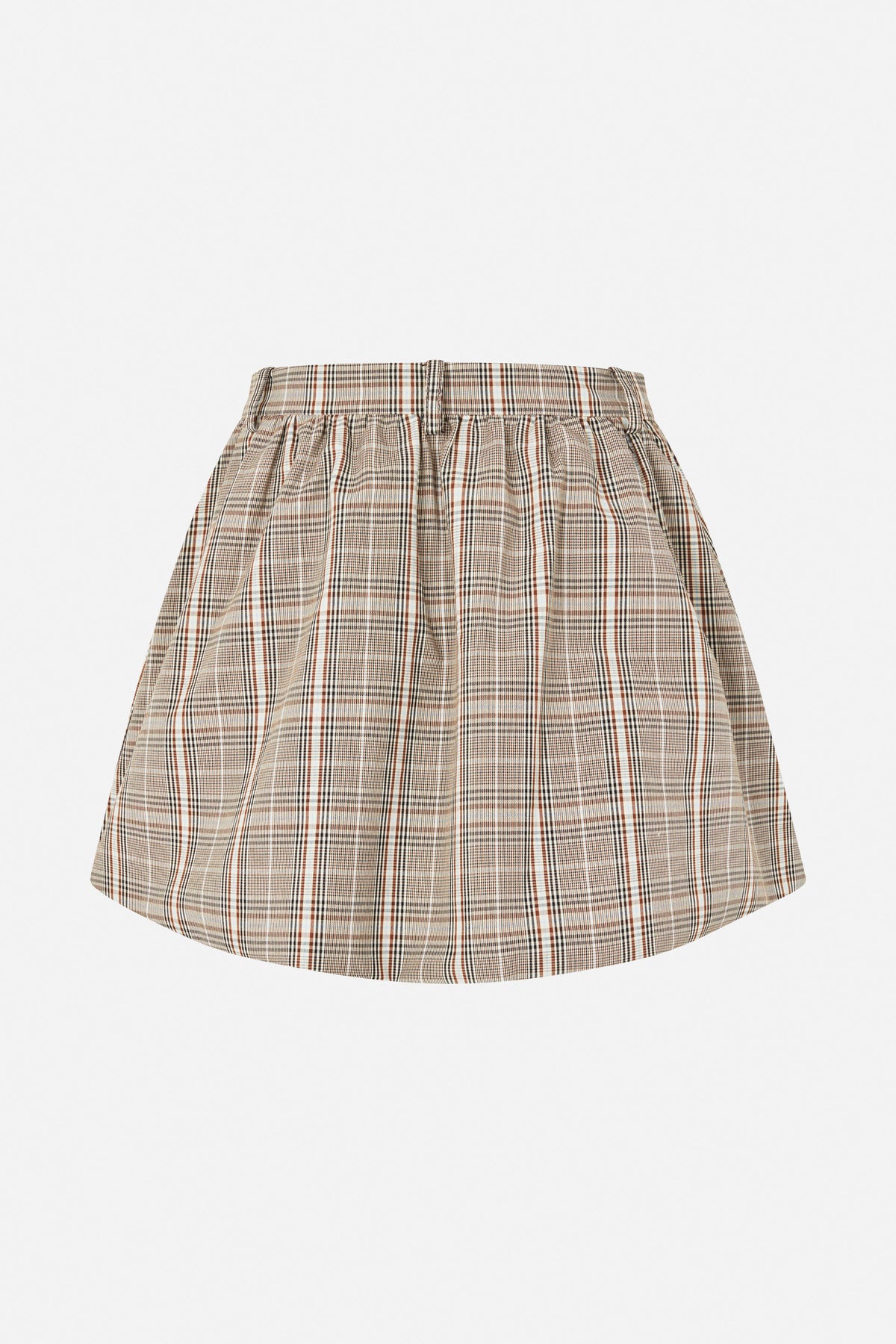Front view of a full gathered skirt in beige plaid with brown, black and rust checks and a wide waistband.