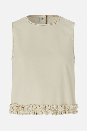 Back view of an ivory sleeveless top with a round neckline, snap closure, brown contrast stitching and a gathered ruffle hem.