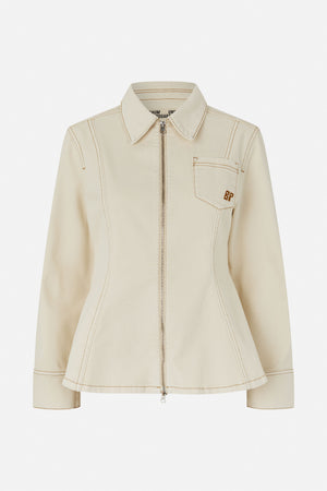 Front view of a cream zip-front jacket with brown contrast stitching, pointed collar, chest pocket and flared hem.