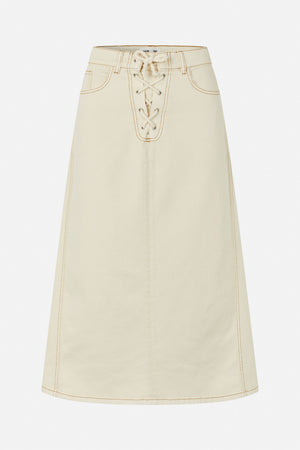 Ivory A-line denim skirt shown from the front, with contrast brown stitching, belt loops, front pockets and a lace-up waistband.