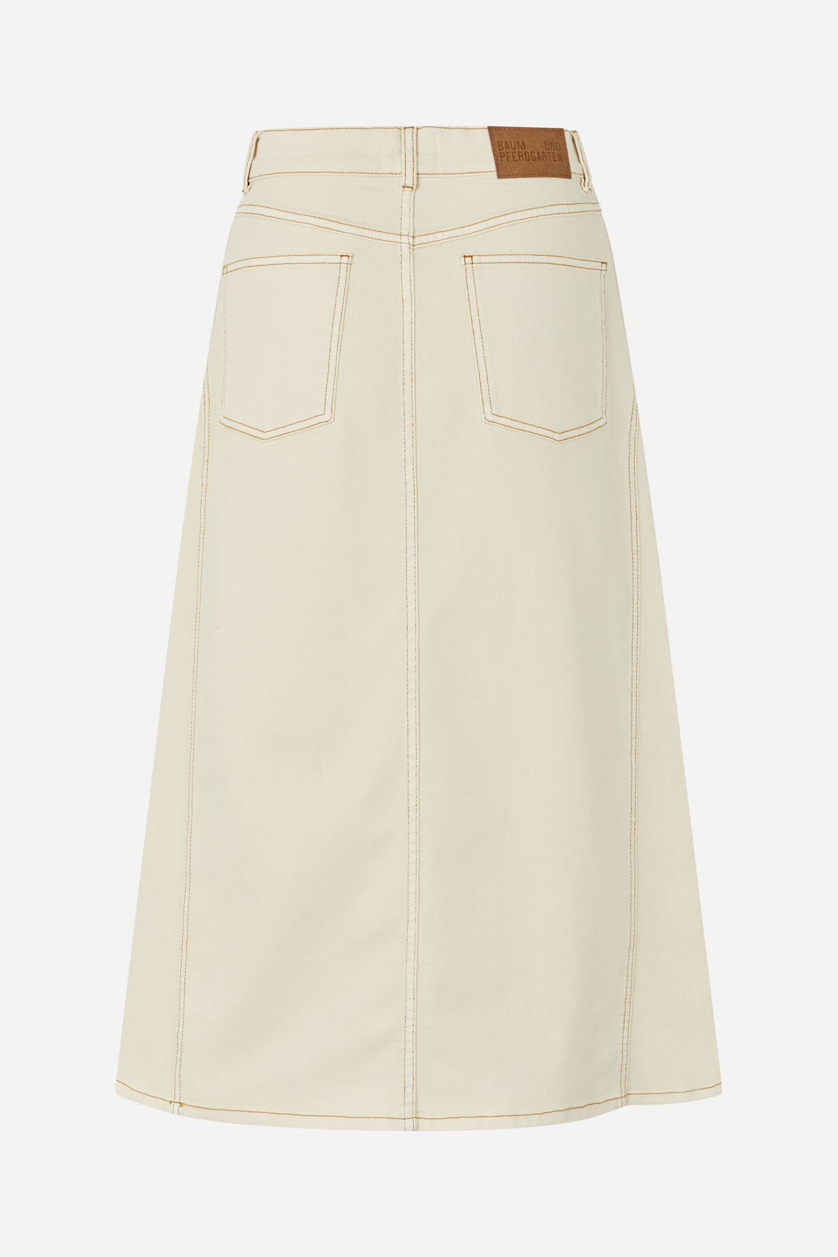 Back view of an off-white denim skirt with contrast tan stitching, two patch pockets and a brown waistband label.