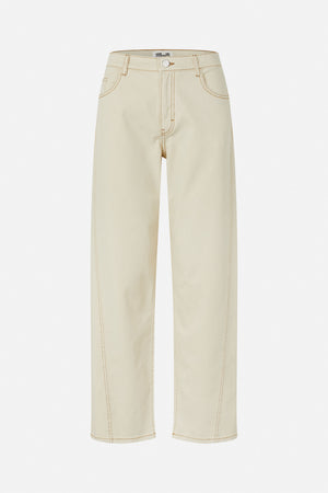 Front view of ivory wide-leg jeans with tan contrast stitching, belt loops, a button closure and curved front pockets.