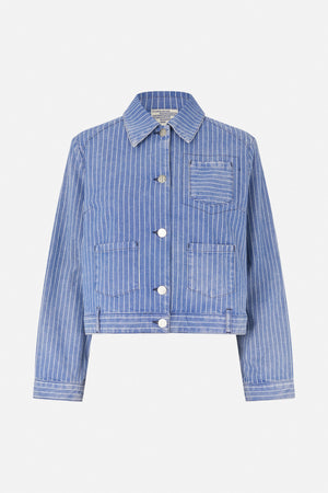 Front view of a blue pinstriped jacket with a pointed collar, button front, chest and waist pockets, and a hem belt.