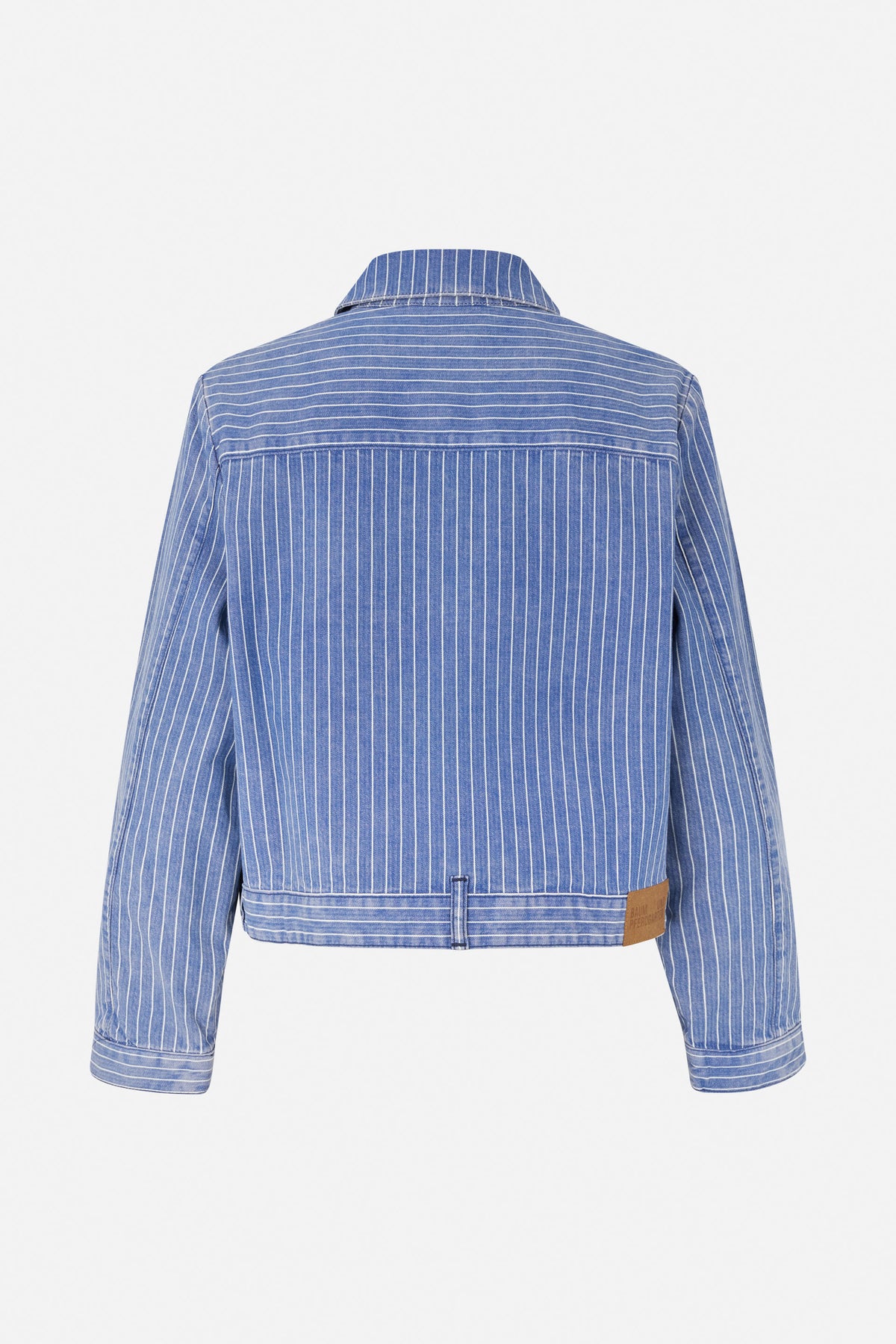 Back view of a blue denim jacket with fine white pinstripes, a back waist tab, and a brown hem patch.