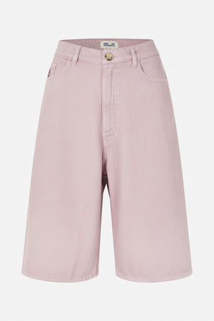 Front view of pale pink denim shorts with wide legs, a buttoned waist, belt loops and curved front pockets.