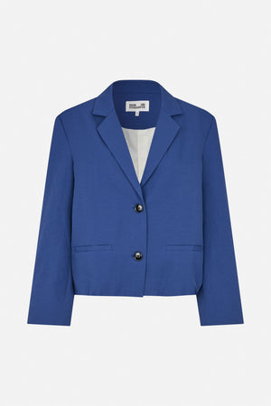 Front view of a cropped cobalt blue blazer with notched lapels, two dark buttons and welt pockets.
