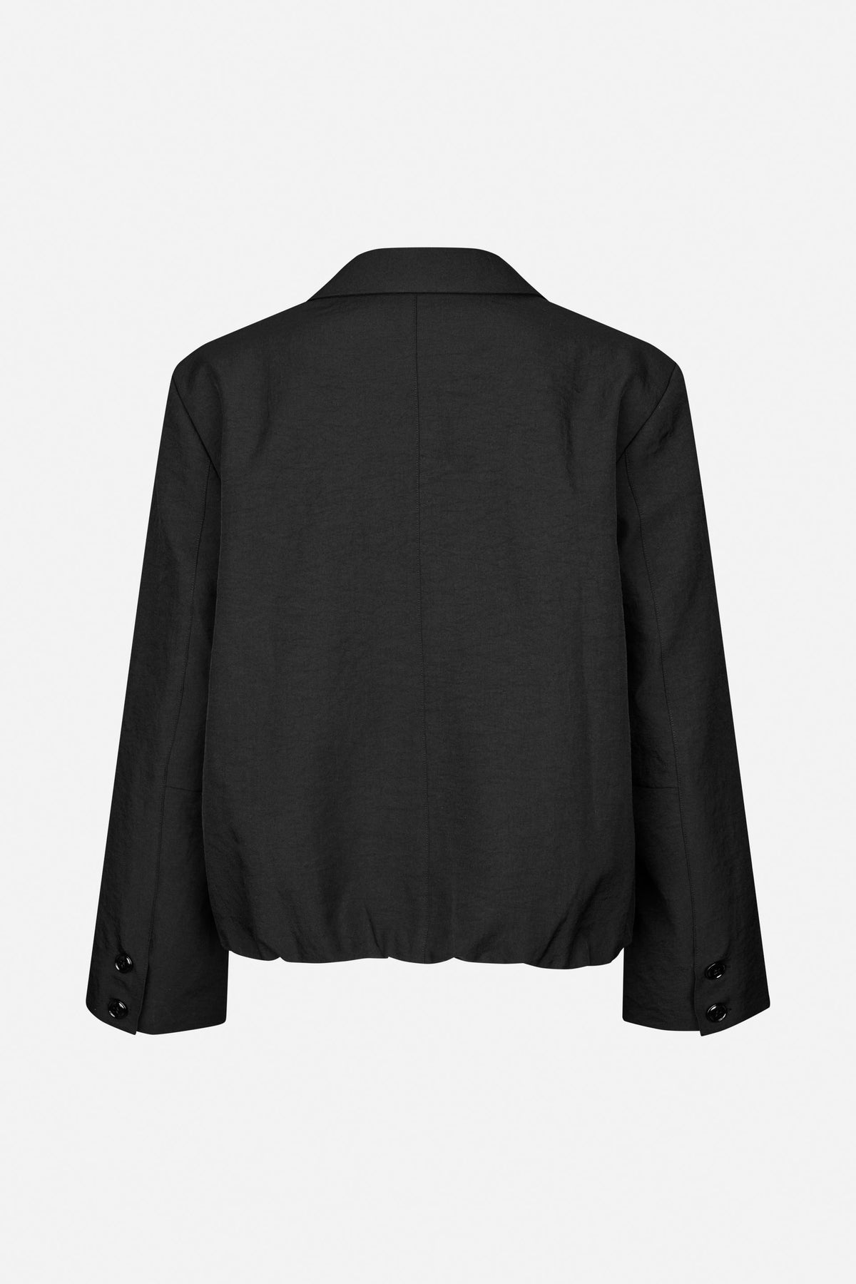 Back view of a black jacket with a wide collar, centre seam and long sleeves with two-button cuffs.