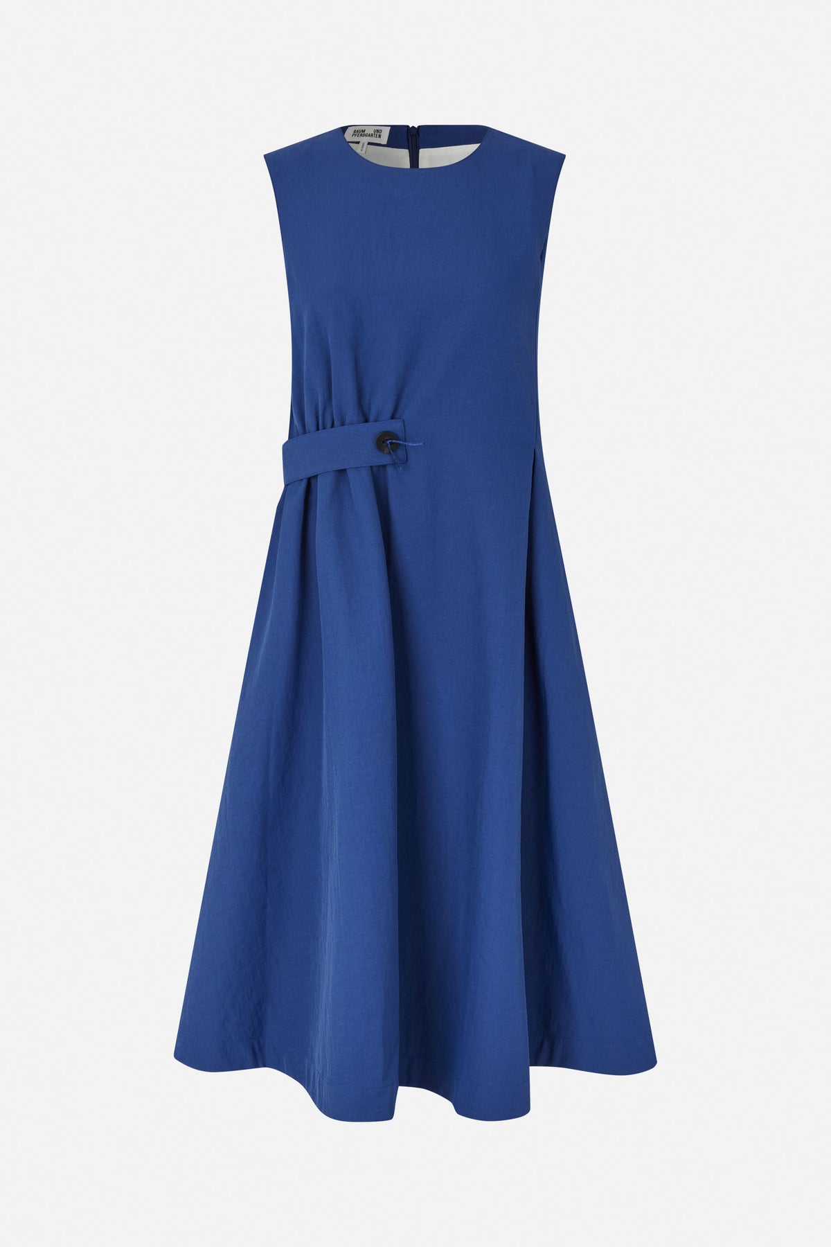 Front view of a royal blue sleeveless dress with a round neckline, flared skirt and side waist strap fastened with a button.