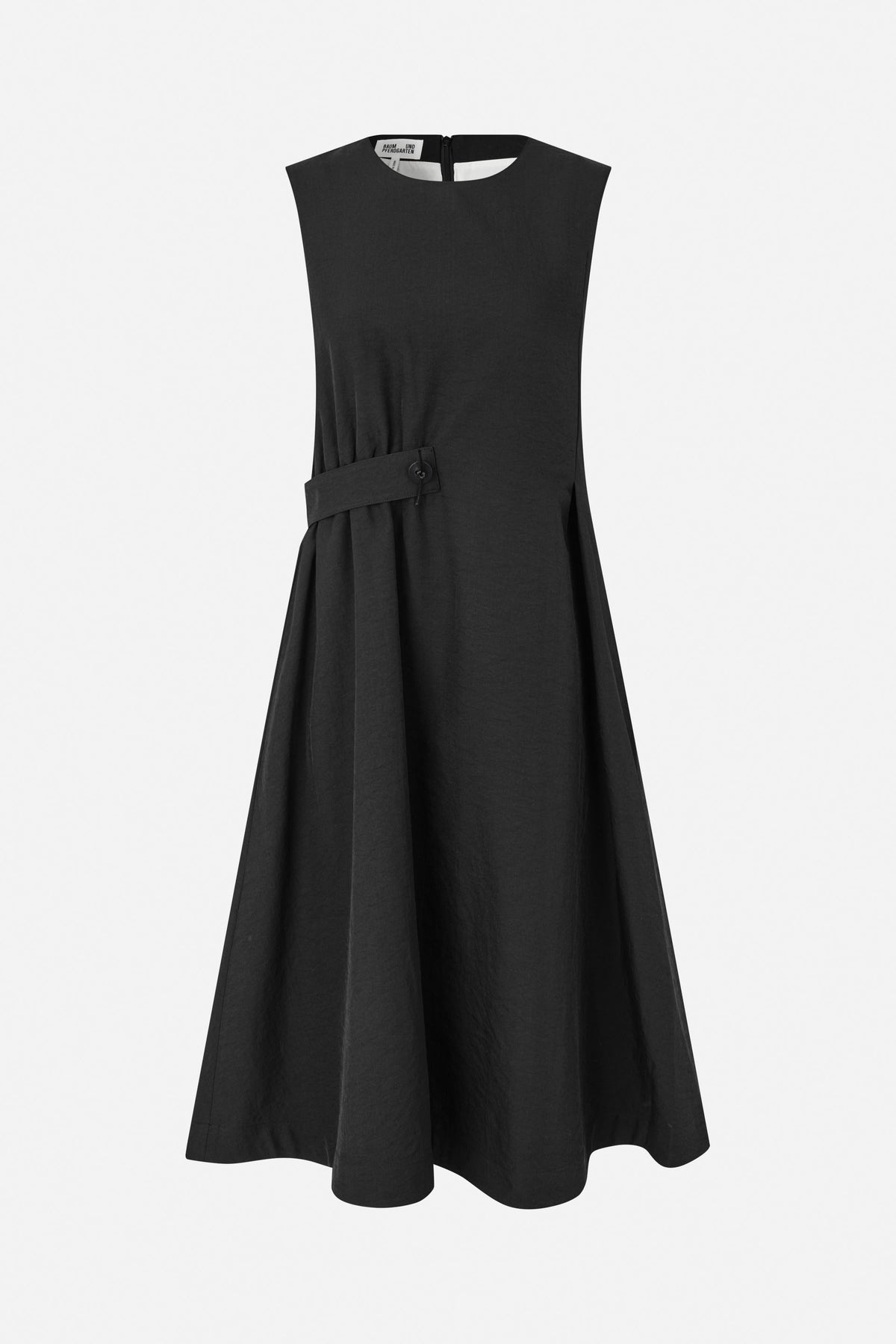 Front view of a black sleeveless dress with a round neckline, flared skirt and buttoned waist tab detail.