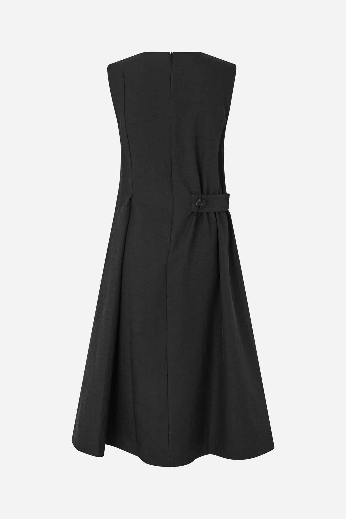 Back view of a black sleeveless dress with a centre-back zip, buttoned waist tab and flared skirt.