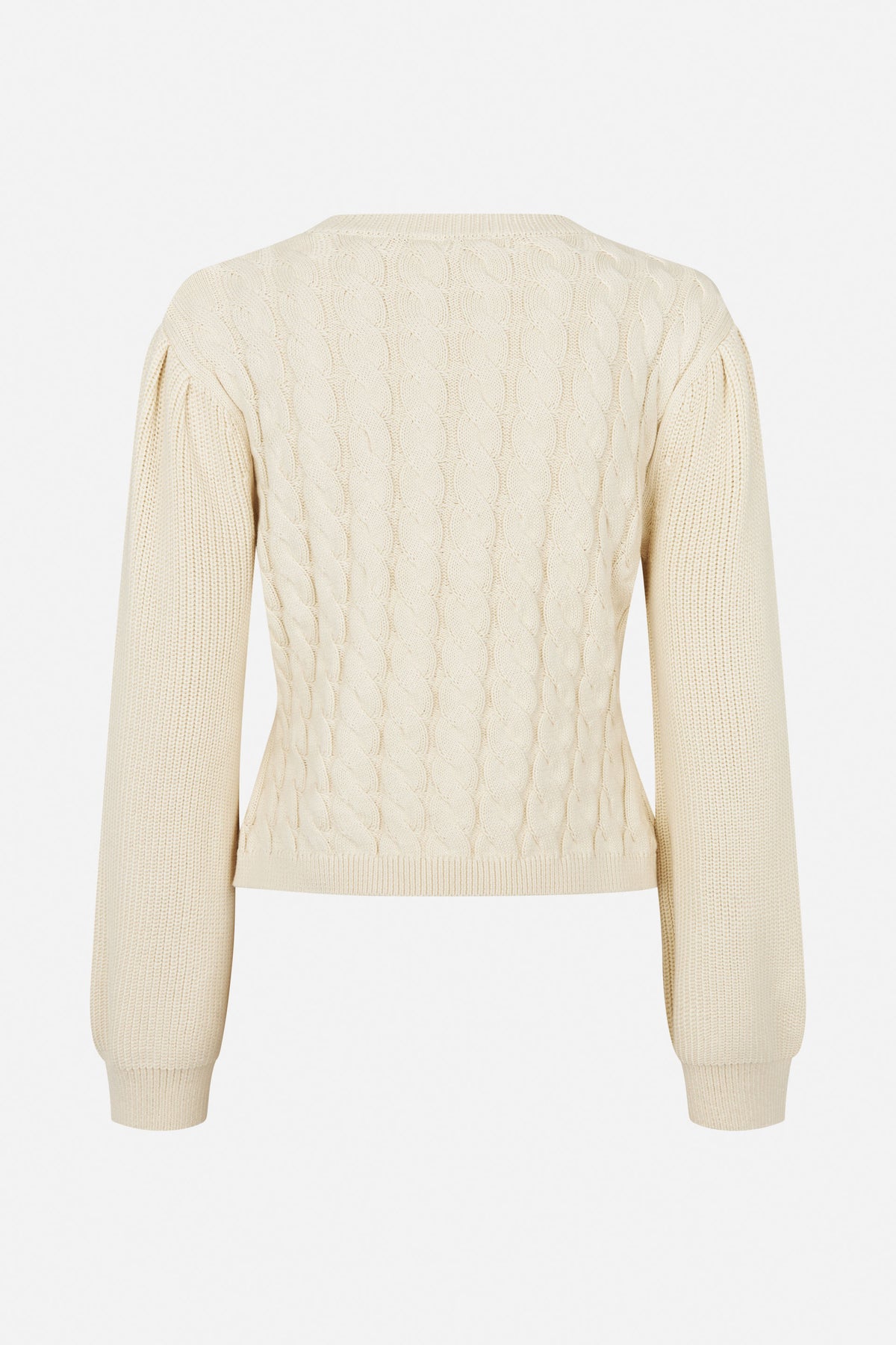 Front view of an ivory cable-knit crew-neck sweater with long sleeves and ribbed cuffs and hem.