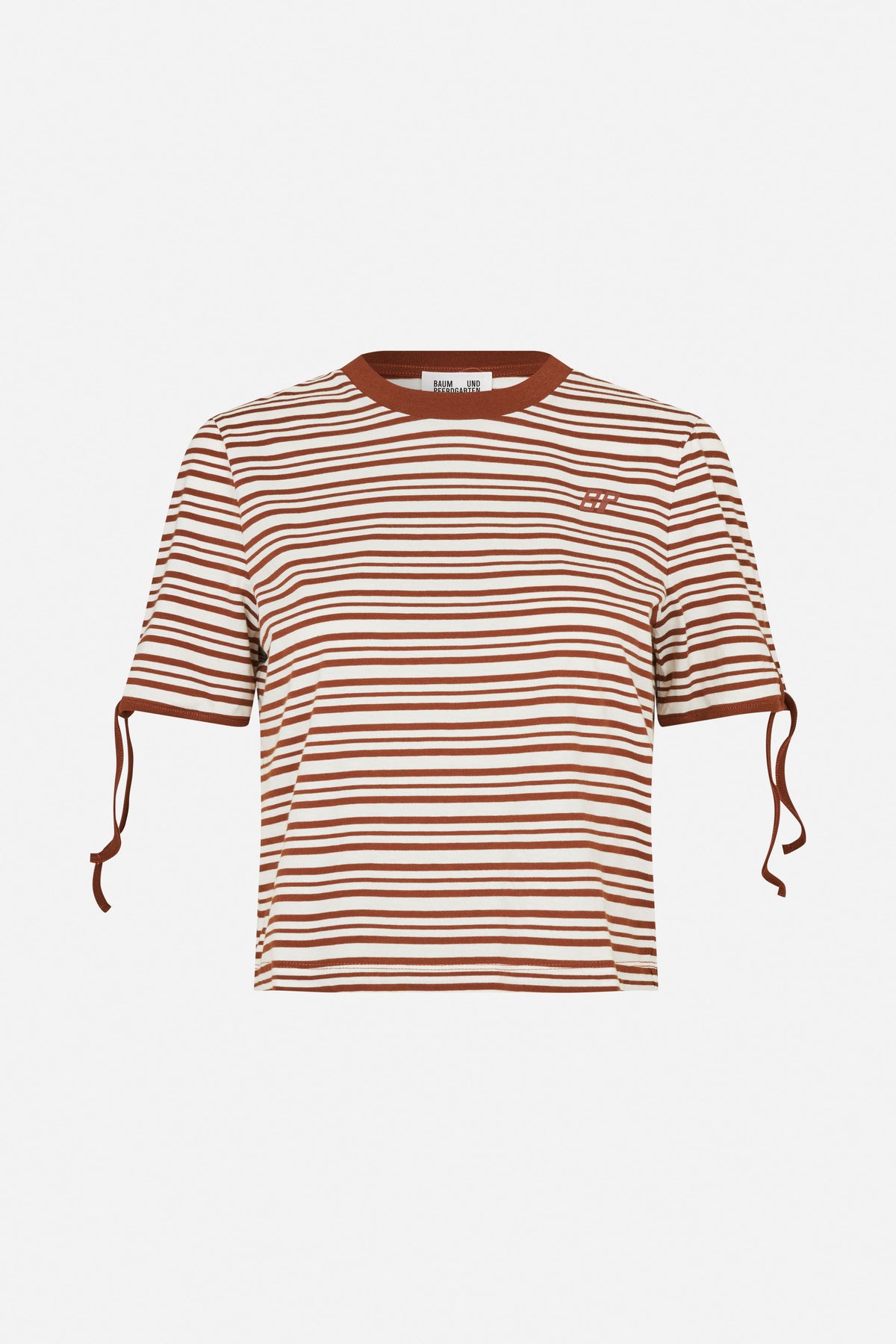 Front view of a cream T-shirt with rust-brown stripes, a matching crew neck and sleeve ties, plus a small chest emblem.
