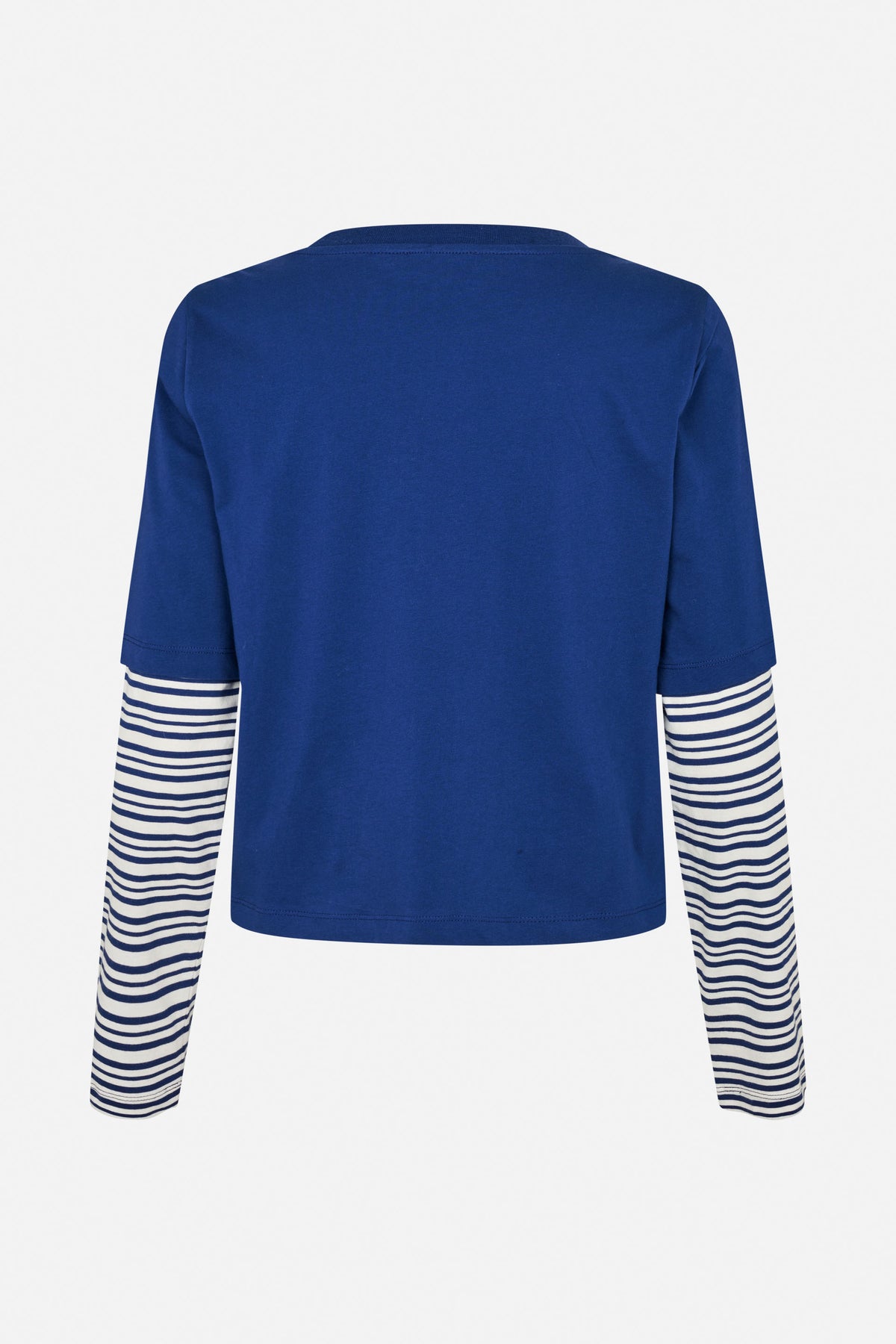 Back view of a royal blue short-sleeved top layered over long sleeves with navy and white horizontal stripes