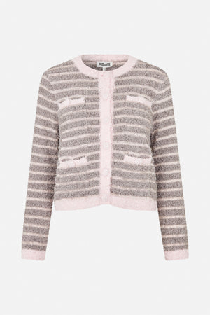 Front view of a textured long-sleeved knit cardigan with horizontal taupe and cream stripes, pale pink trim and two patch pockets.