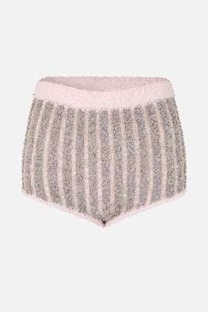 Front view of textured cream and grey shorts with a pale pink waistband and hem trim