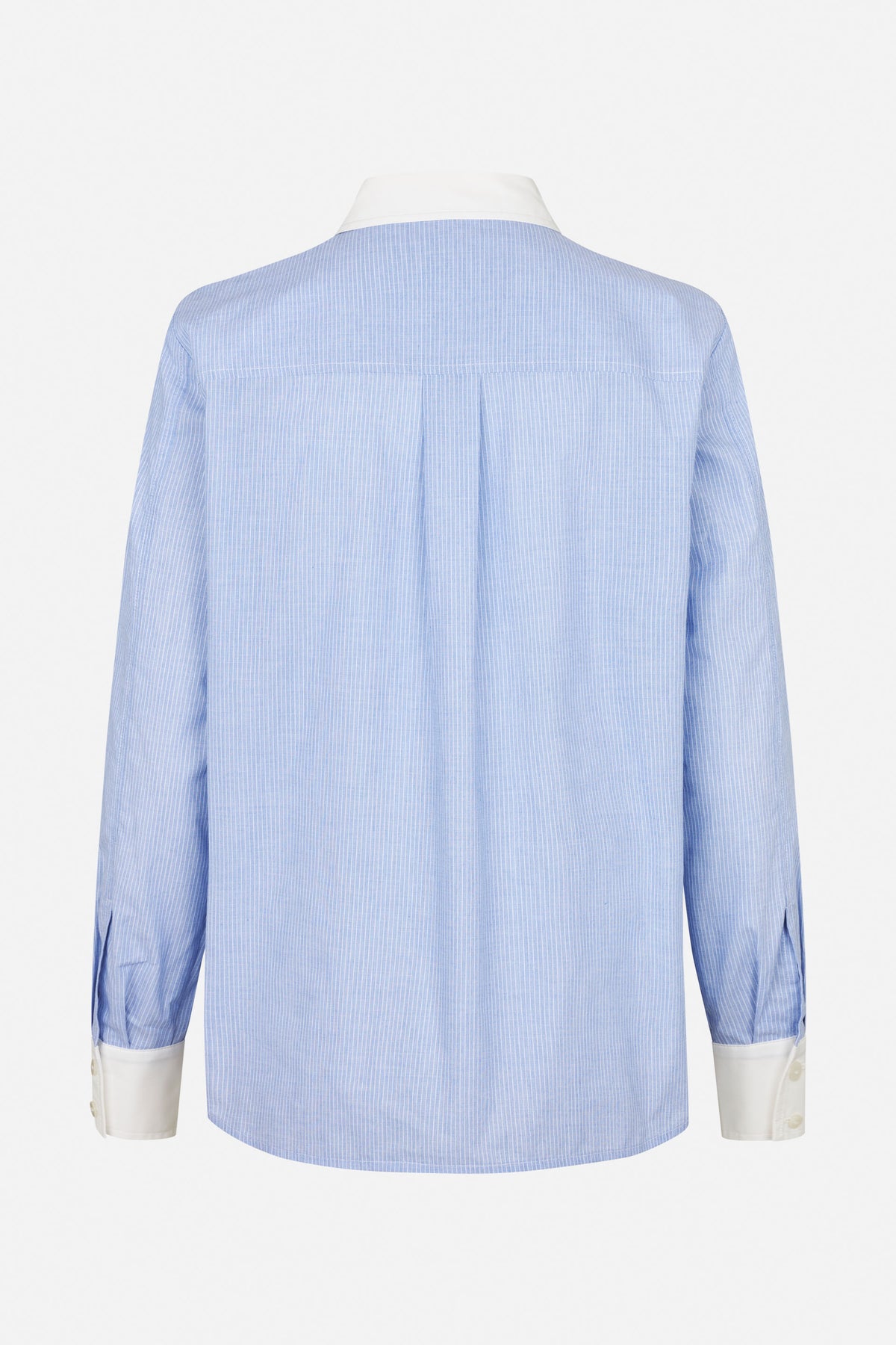 Back view of a light blue shirt with fine white vertical stripes, a white collar and contrasting white cuffs.