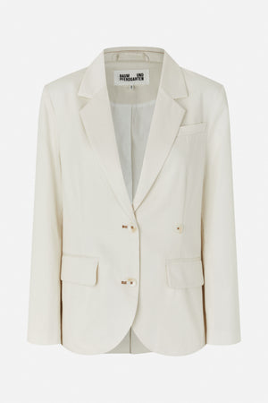 Front view of an off-white double-breasted blazer with notched lapels, long sleeves and flap pockets.