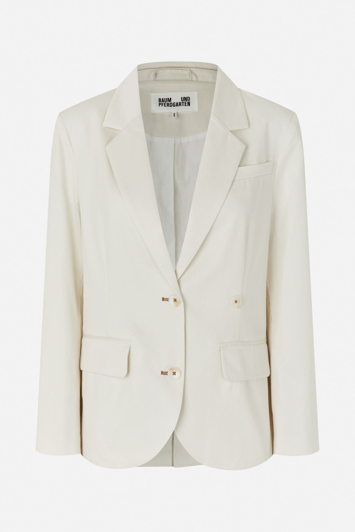 Front view of an off-white double-breasted blazer with notched lapels, long sleeves and flap pockets.