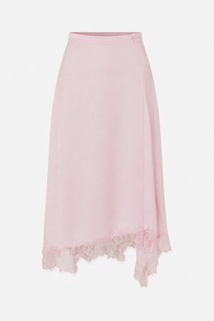 Pale pink long skirt with a side zip and an asymmetrical hem trimmed with sheer floral lace