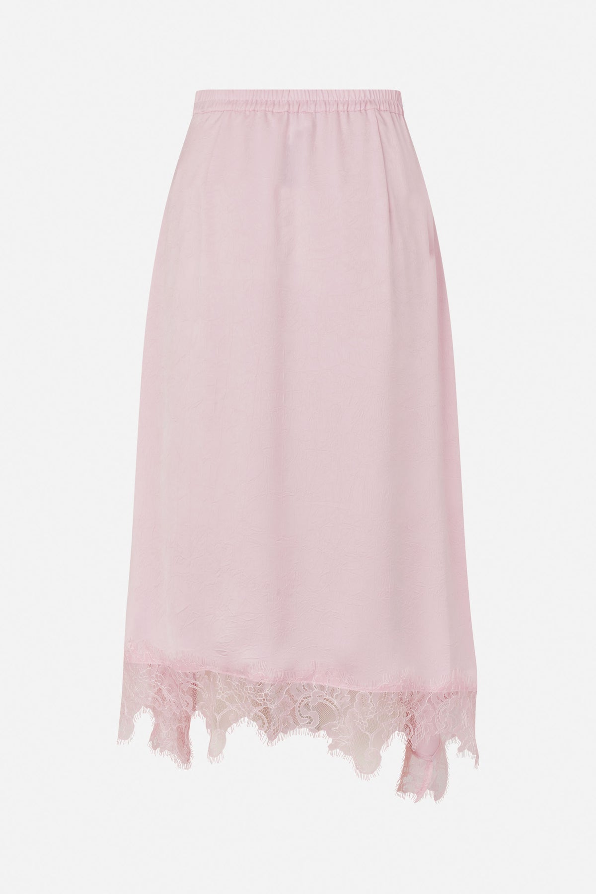 Pale pink midi skirt with an elasticated waistband and scalloped lace-trim hem, shown from the front.