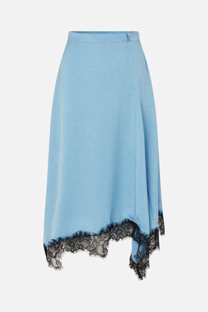 Pale blue crinkled skirt with an asymmetrical hem finished in black lace, shown in a product view.