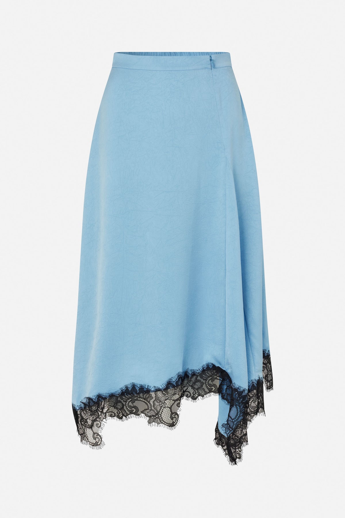 Pale blue crinkled skirt with an asymmetrical hem finished in black lace, shown in a product view.