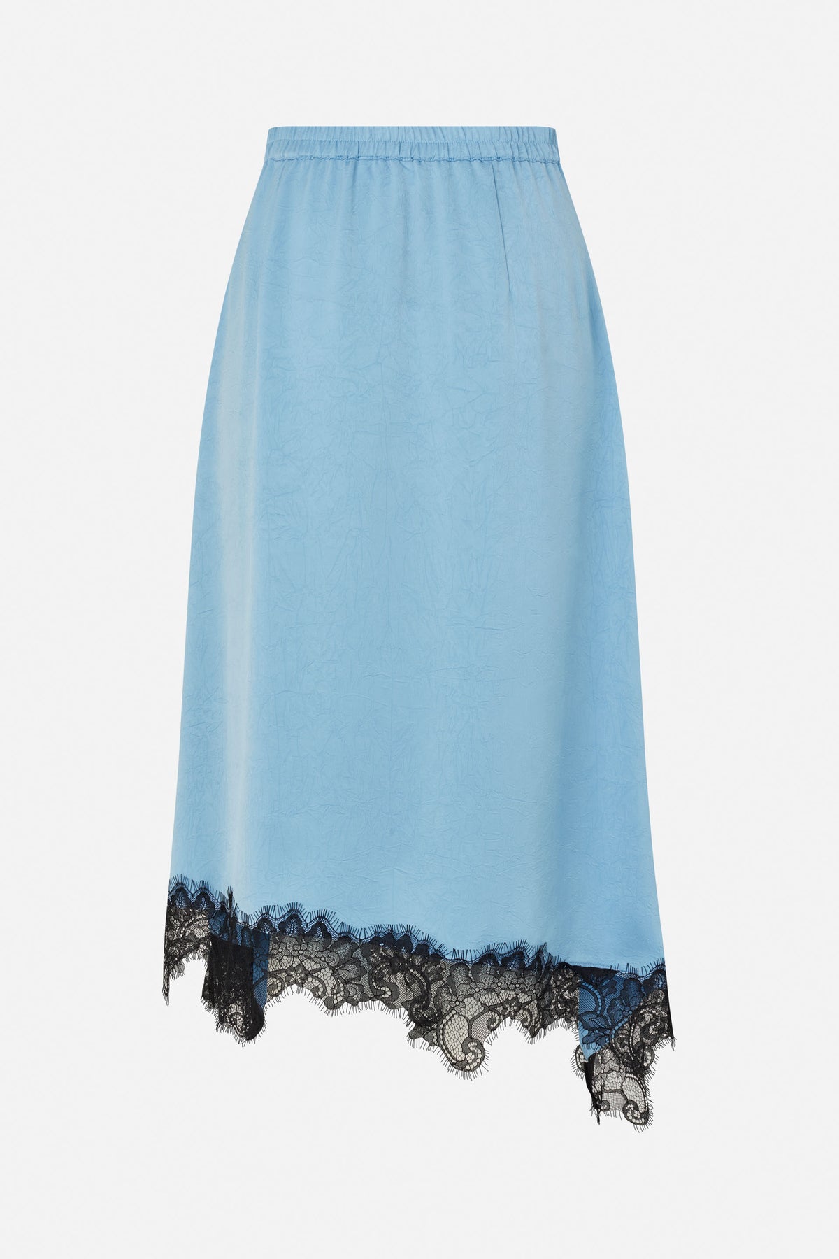 Pale blue midi skirt with an elastic waistband, crinkled texture and black lace trim at the hem