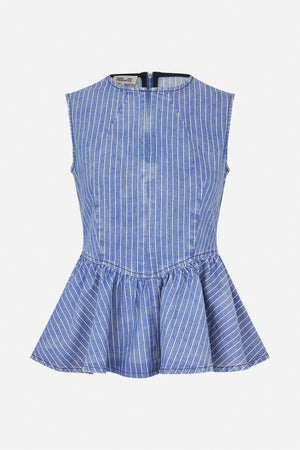 Back view of a blue-and-white pinstriped sleeveless top with a round neckline, centre zipper and flared peplum hem.