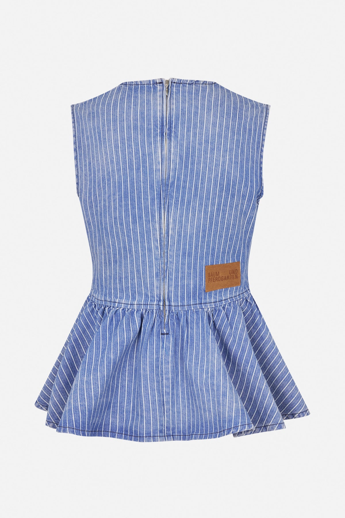 Back view of a blue pinstriped sleeveless dress with a centre zip, fitted bodice and gathered flared skirt.