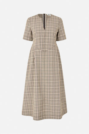 Front view of a beige and brown plaid dress with short sleeves, a V-neck zip opening and a defined waist seam.