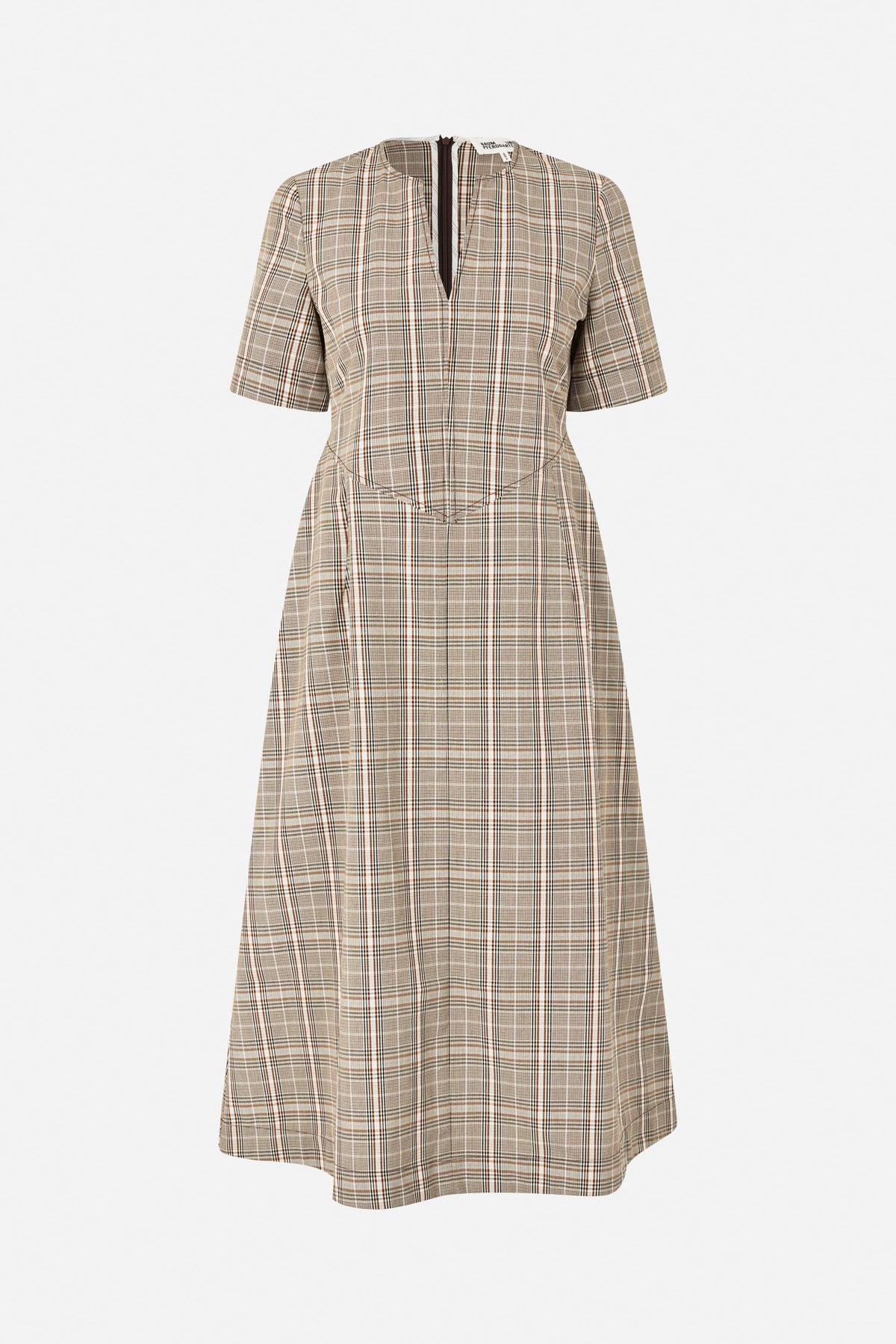 Front view of a beige and brown plaid dress with short sleeves, a V-neck zip opening and a defined waist seam.