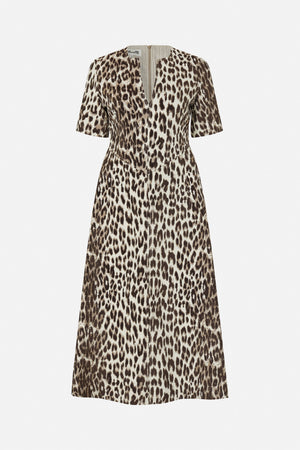 Front view of a short-sleeved, cream and brown animal-print dress with a V-shaped neckline and centre-front fastening.