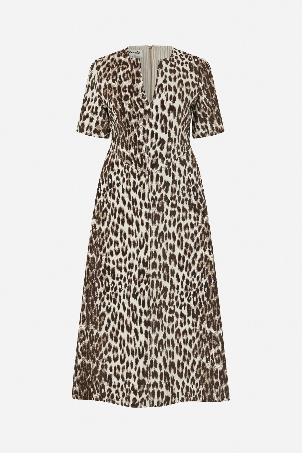Front view of a short-sleeved, cream and brown animal-print dress with a V-shaped neckline and centre-front fastening.