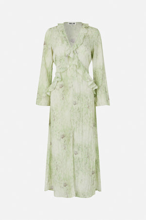 Front view of a long-sleeved pale green maxi dress with an abstract floral print, V-neck wrap front and cascading ruffles.