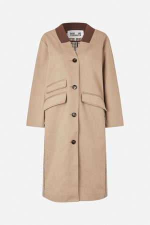 Front view of a long beige coat with dark brown ribbed V-neck trim, brown gingham lining, buttons and flap pockets