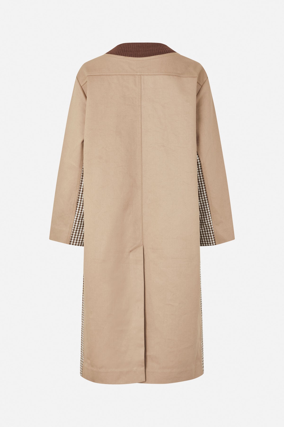 Back view of a long beige coat with a brown ribbed collar and brown-and-cream gingham side panels.