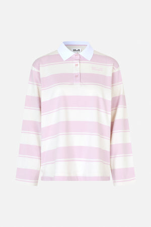 Front view of a long-sleeved rugby shirt with wide pink and white stripes, a white pointed collar, button placket and chest logo.