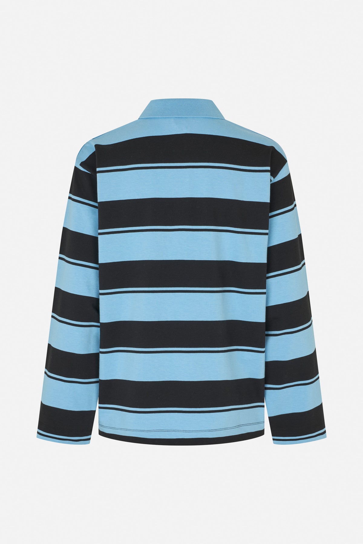 Back view of a long-sleeved polo shirt with a ribbed collar and broad black and light blue horizontal stripes.