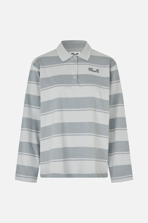 Front view of a long-sleeved polo shirt with broad grey and white stripes, a pale collar, button placket and chest logo.